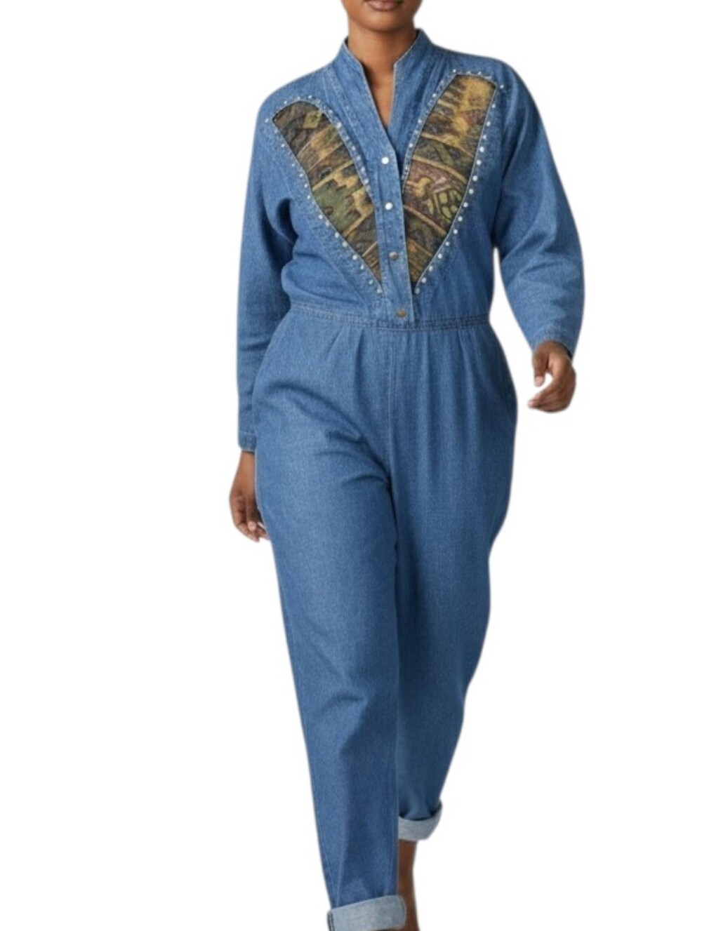 Vintage Rio Denim Jumpsuit Blue Tapestry Medium Wash Jean 90s Embellished Large